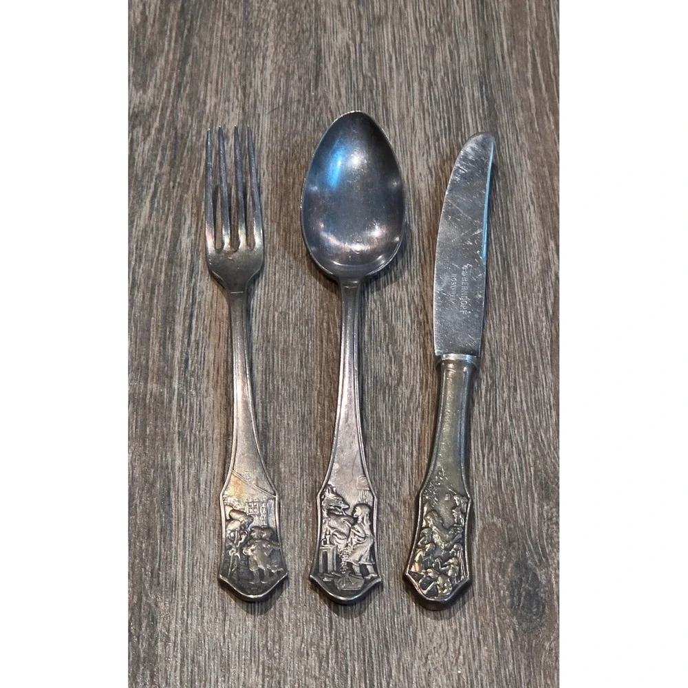 Vintage Berndorf Krupp Silver Plate Fairy Tale Childrens Cutlery 3pc Set Austria